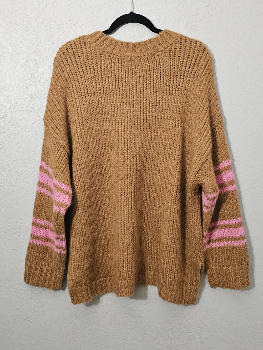 NWT aerie Camel Crewneck Sweater with Pink Stripes Womens Large Oversized - Picture 6 of 7